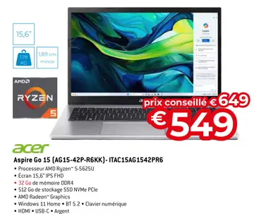 Offre: Aspire Go 15 (AG15-42P-R6KK) - ITAC15AG1542PR