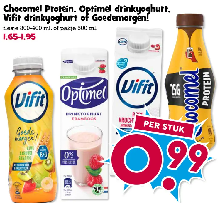 Aanbieding: Chocomel Protein, Optimel drinkyoghurt, Vifit drinkyoghurt of Goedemorgen!
