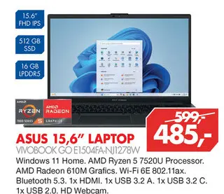 Aanbieding: Asus 15,6" laptop vivobook go e1504fa-nj1278w