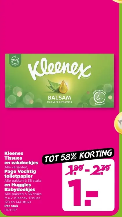 Aanbieding: Kleenex Tissues en zakdoekjes, Page Vochtig toiletpapier en Huggies babydoekjes