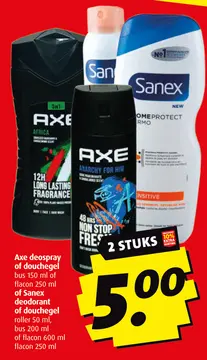 Aanbieding: Axe deospray of douchegel of Sanex deodorant