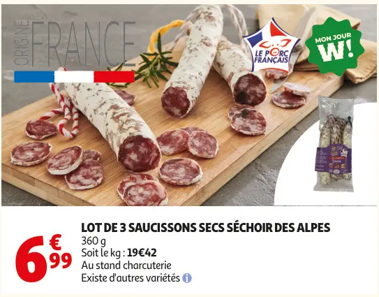 Offre: Lot de 3 saucissons secs séchoir des alpes