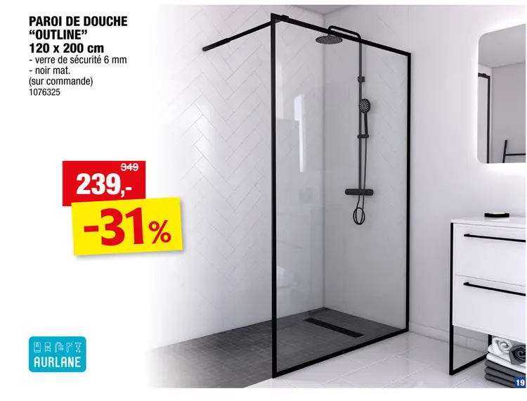 Offre: Aurlane Outline paroi de douche 120x200 cm verre transparent noir
