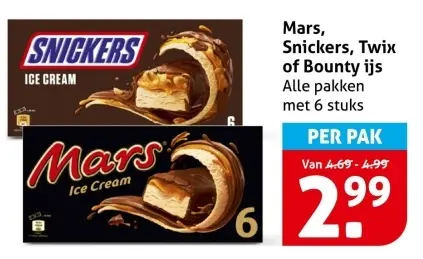 Aanbieding: Mars, Snickers, Twix or Bounty ijs