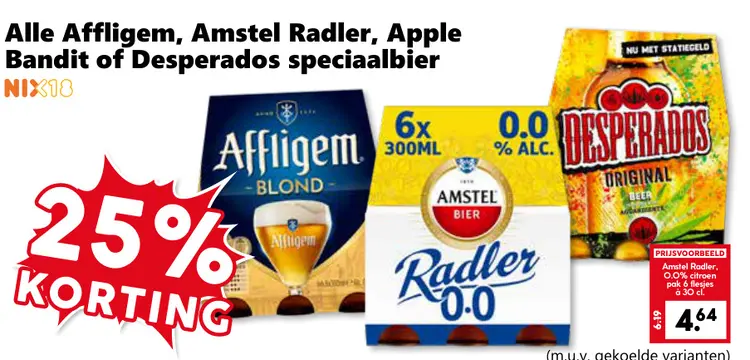 Aanbieding: Affligem, Amstel Radler, Apple Bandit of Desperados speciaalbier