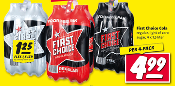 Aanbieding: First Choice Cola regular , light of zero sugar , 4 x 1,5 liter