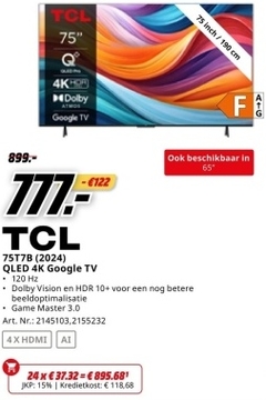 Aanbieding: TCL 75T7B (2024) QLED 4K Google TV