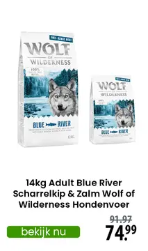 Aanbieding: 14kg Adult Blue River Scharrelkip & Zalm Wolf of Wilderness Hondenvoer