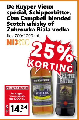 Aanbieding: De Kuyper Vieux spécial, Schipperbitter, Clan Campbell blended Scotch whisky of Zubrowka Biala vodka