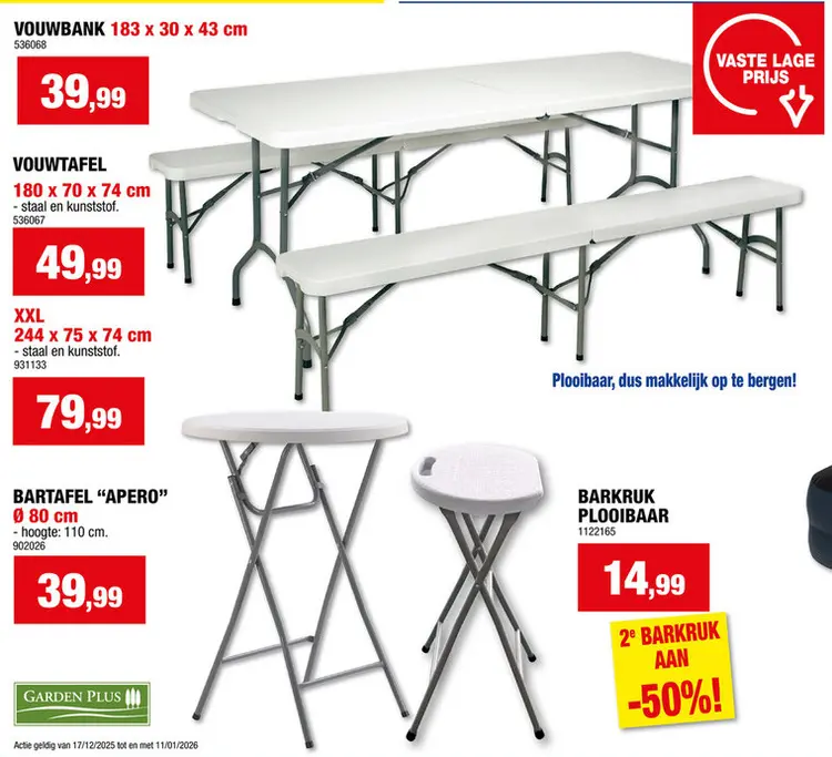 Promotie: Garden Plus Vouwtafel 244x75 cm grijs/wit