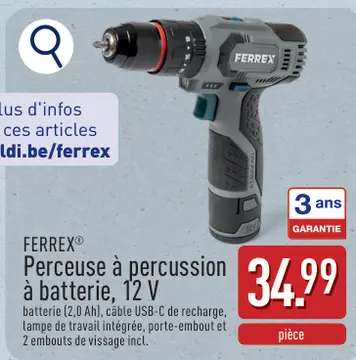Offre: Perceuse à percussion à batterie, 12 V