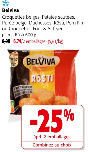 Offre: Croquettes belges, Patates sautées, Purée belge