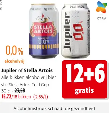 Promotie: Jupiler of Stella Artois alle blikken alcoholvrij bier