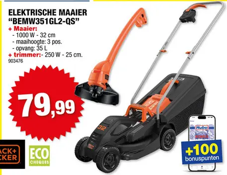 Promotie: Black+Decker BEMW351GL2-QS elektrische grasmaaier 1000W 32cm + trimmer 250W 23cm