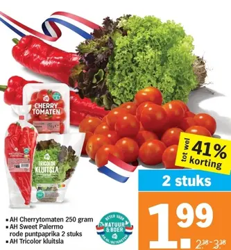 Aanbieding: AH Cherrytomaten, AH Sweet Palermo rode puntpaprika of AH Tricolor kluitsla