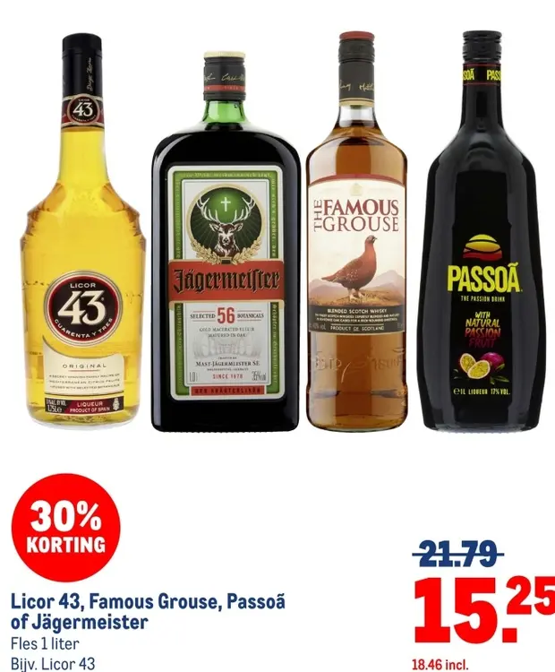 Aanbieding: Licor 43, Famous Grouse, Passoã of Jägermeist