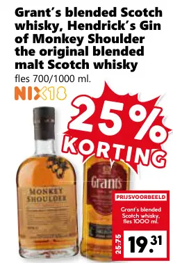 Aanbieding: Grant's blended Scotch whisky, Hendrick's Gin of Monkey Shoulder the original blended malt Scotch whisky