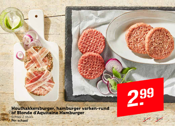 Aanbieding: Houthakkersburger , hamburger varken - rund of Blonde d'Aquitaine Hamburger