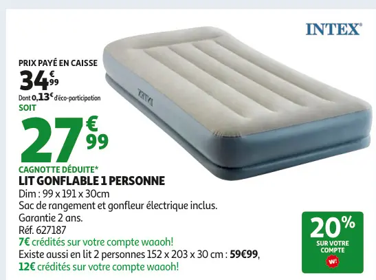 Offre: Lit gonflable 1 personne