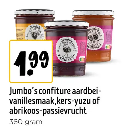 Aanbieding: Jumbo's confiture aardbei-vanillesmaak, kers-yuzu of abrikoos-passievrucht
