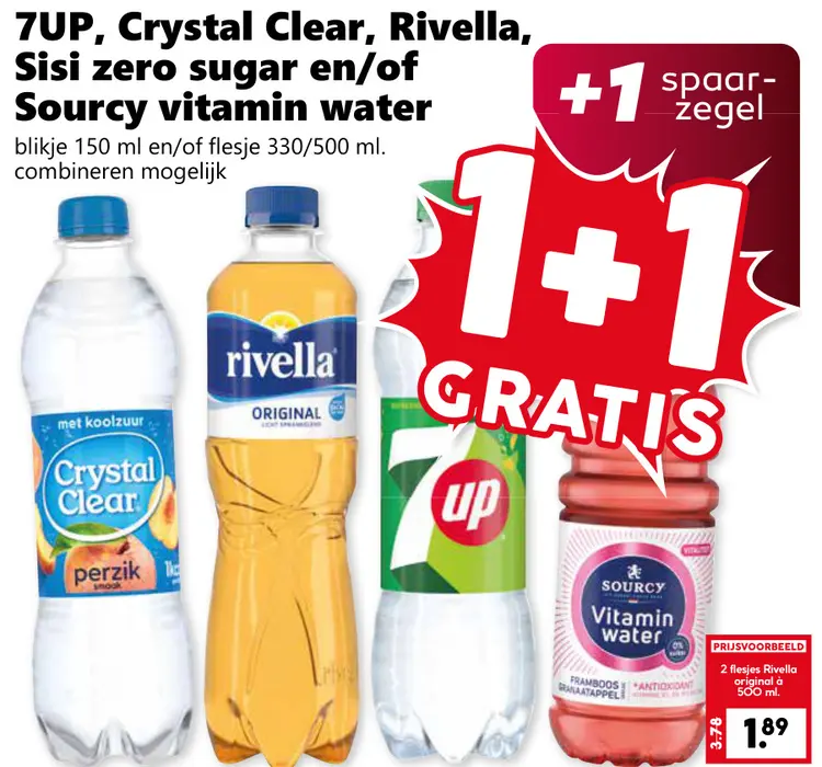 Aanbieding: 7UP, Crystal Clear, Rivella, Sisi zero sugar en/of Sourcy vitamin water