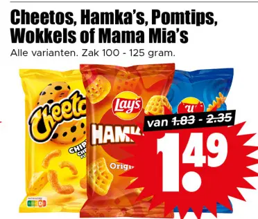 Aanbieding: Cheetos, Hamka's, Pomtips, Wokkels of Mama Mia's