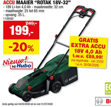 Promotie: Bosch Rotak 18V2-32 accu grasmaaier 18V Li-Ion 32cm + lader