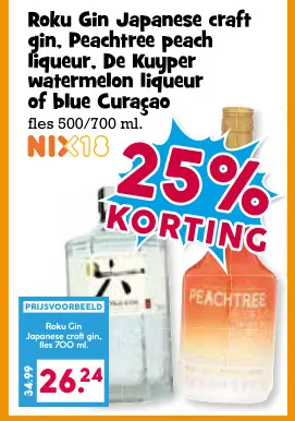 Aanbieding: Roku Gin Japanese craft gin, Peachtree peach liquear. De Kuijper watermelon liquer of blue Curacao