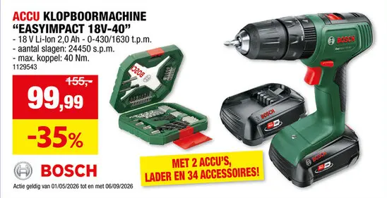 Promotie: EasyImpact 18V-40 accu klopboorschroefmachine 18V Li-Ion + 2 accu's + lader + 34 accessoires