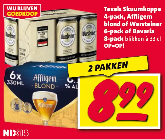 Aanbieding: Texels Skuumkoppe, Affligem blond of Warsteiner 6-pack of Bavaria 8-pack