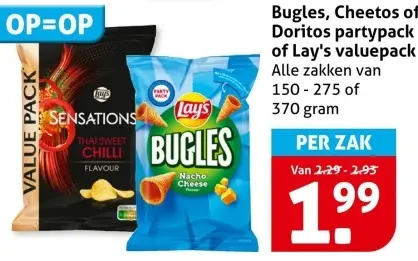Aanbieding: Bugles, Cheetos of Doritos partypack of Lay's valuepack