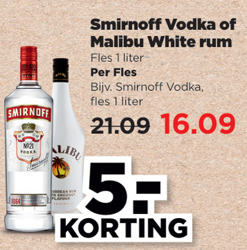 Aanbieding: Smirnoff Vodka of Malibu White rum