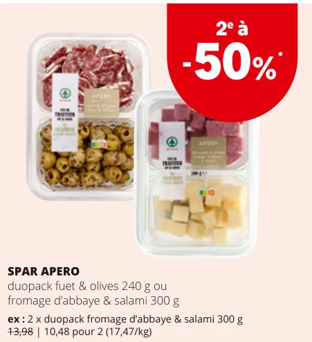 Offre: APERO duopack fuet & olives ou fromage d'abbaye & salami