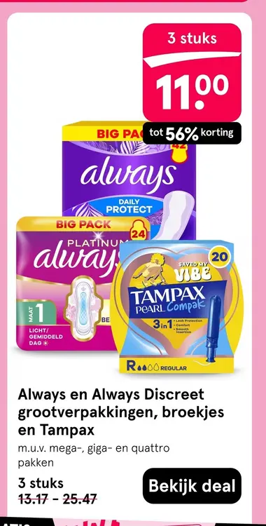 Aanbieding: Grootverpakkingen, broekjes en Tampax
