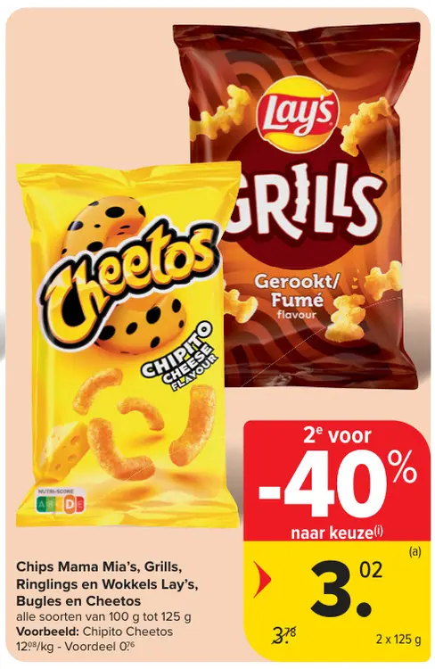Aanbieding: Chips Mama Mia's, Grills, Ringlings en Wokkels Lay's, Bugles en Cheetos