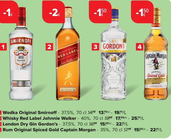 Promotie: Wodka Original Smirnoff, Whisky Red Label Johnnie Walker, London Dry Gin Gordon's, Rum Original Spiced Gold Captain Morgan