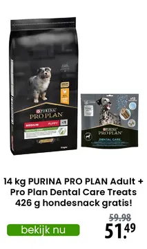 Aanbieding: 14 kg PURINA PRO PLAN Adult + Pro Plan Dental Care Treats 426 g hondesnack gratis!