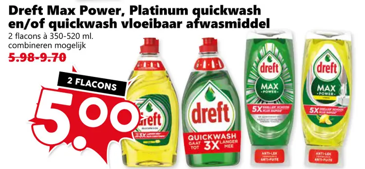 Aanbieding: Dreft Max Power, Platinum quickwash en/of quickwash vloeibaar afwasmiddel