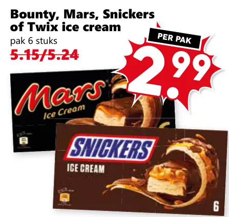 Aanbieding: Bounty, Mars, Snickers of Twix ice cream