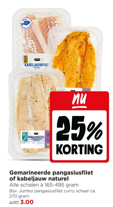 Aanbieding: Gemarineerde pangasiusfilet of kabeljauw naturel