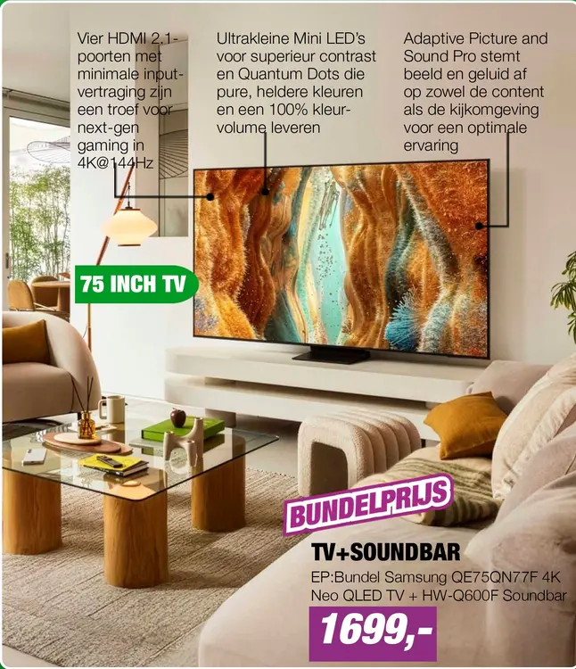 Aanbieding: EP:Bundel Samsung QE75QN77F 4K Neo QLED TV + HW-Q600F Soundbar