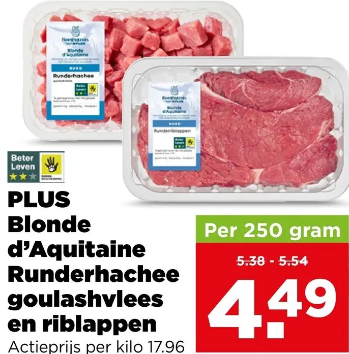 Aanbieding: PLUS Blonde d'Aquitaine Runderhachee goulashvlees en riblappen