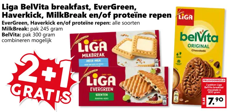 Aanbieding: BelVita breakfast, EverGreen, Haverkic, MilkBreak en/of proteïne repen