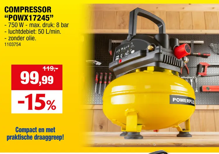 Promotie: Powerplus POWX17245 Pancake compressor 750W 11l olievrij