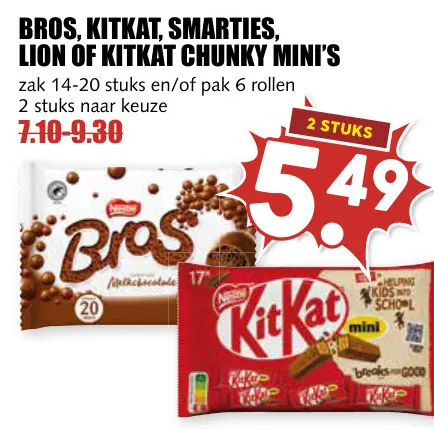 Aanbieding: Bros, KitKat, Smarties, Lion of KitKat chunky mini's