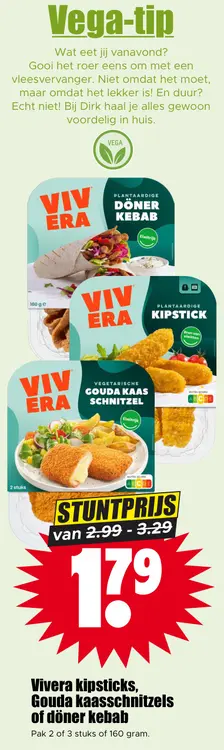 Aanbieding: Vivera kipsticks, Gouda kaasschnitzels of Döner kebab