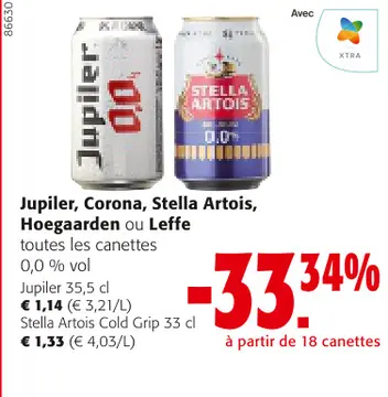 Offre: Jupiler, Corona, Stella Artois, Hoegaarden ou Leffe