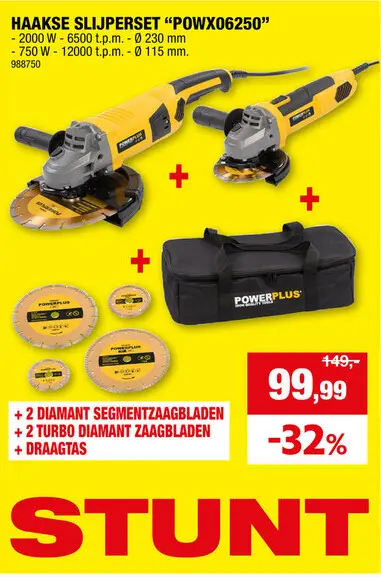 Promotie: Powerplus POWX06250 haakse slijper 2000W 230mm + 750W 115mm