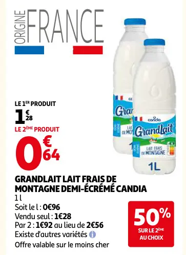 Offre: Lait frais de montagne demi-écrémé