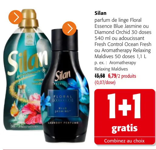 Offre: Parfum de linge Floral Essence Blue Jasmine ou Diamond Orchid 30 doses ou adoucissant Fresh Control Ocean Fresh ou Aromatherapy Relaxing Maldives 50 doses